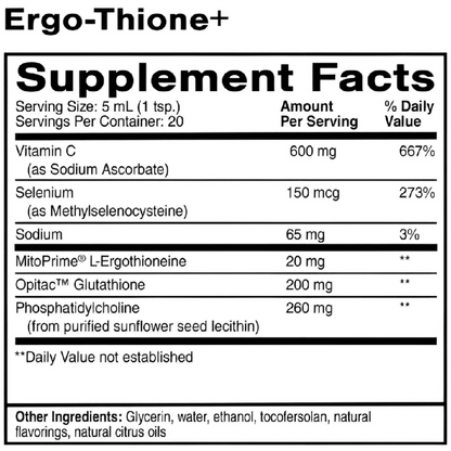 Supplement facts for Ergo-Thione+ Liposomal Ergothioneine Supplement, including key ingredients and nutritional values.