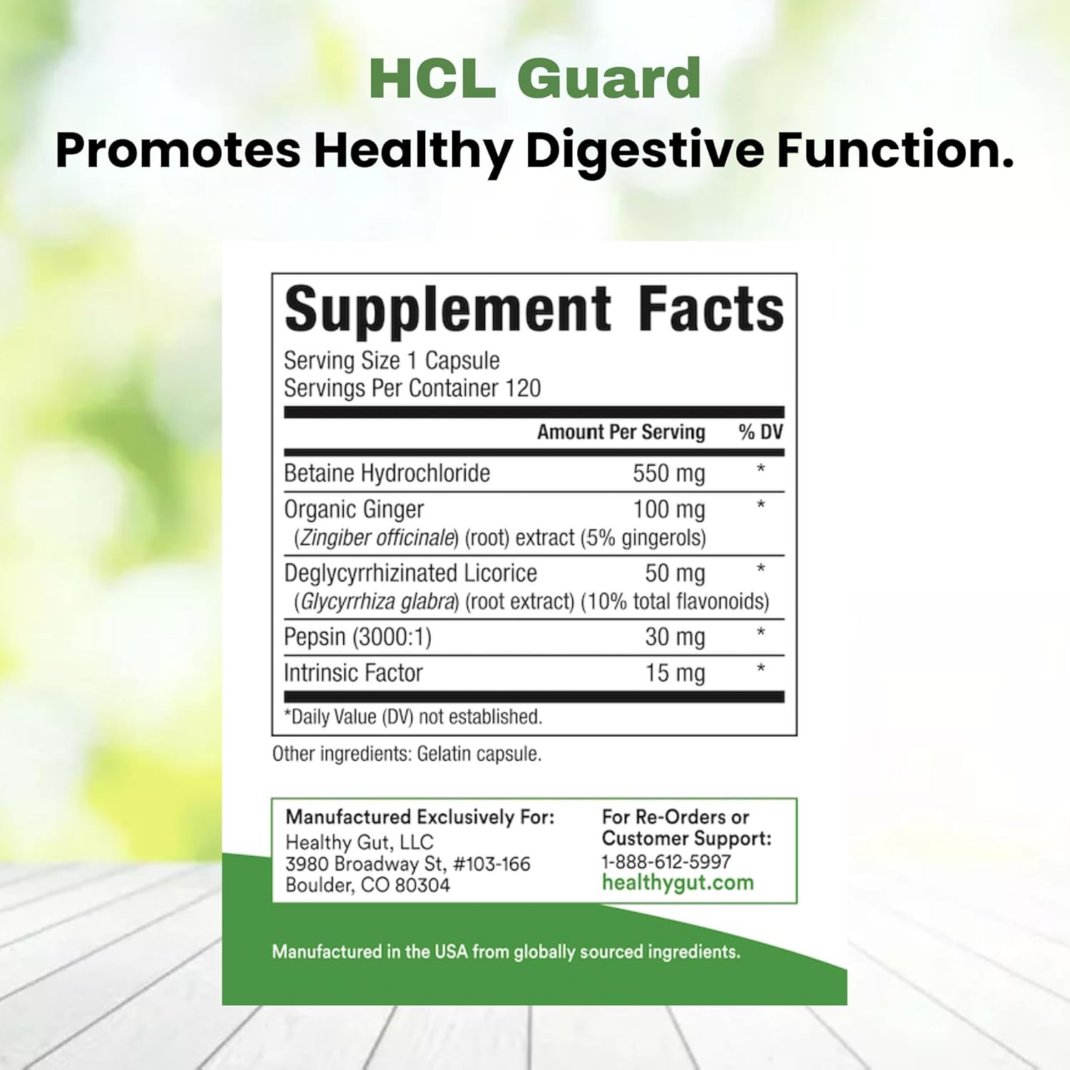 HCL Guard+ for Stomach Acid and Digestive Support bottle Supplements Facts Green and white Background