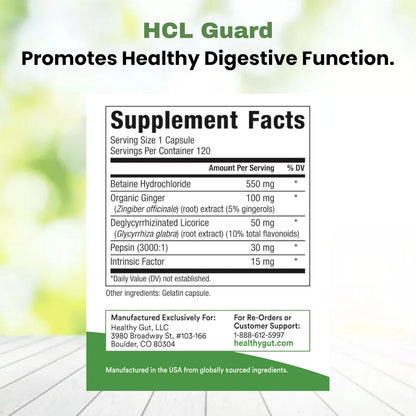 HCL Guard+ for Stomach Acid and Digestive Support bottle Supplements Facts Green and white Background