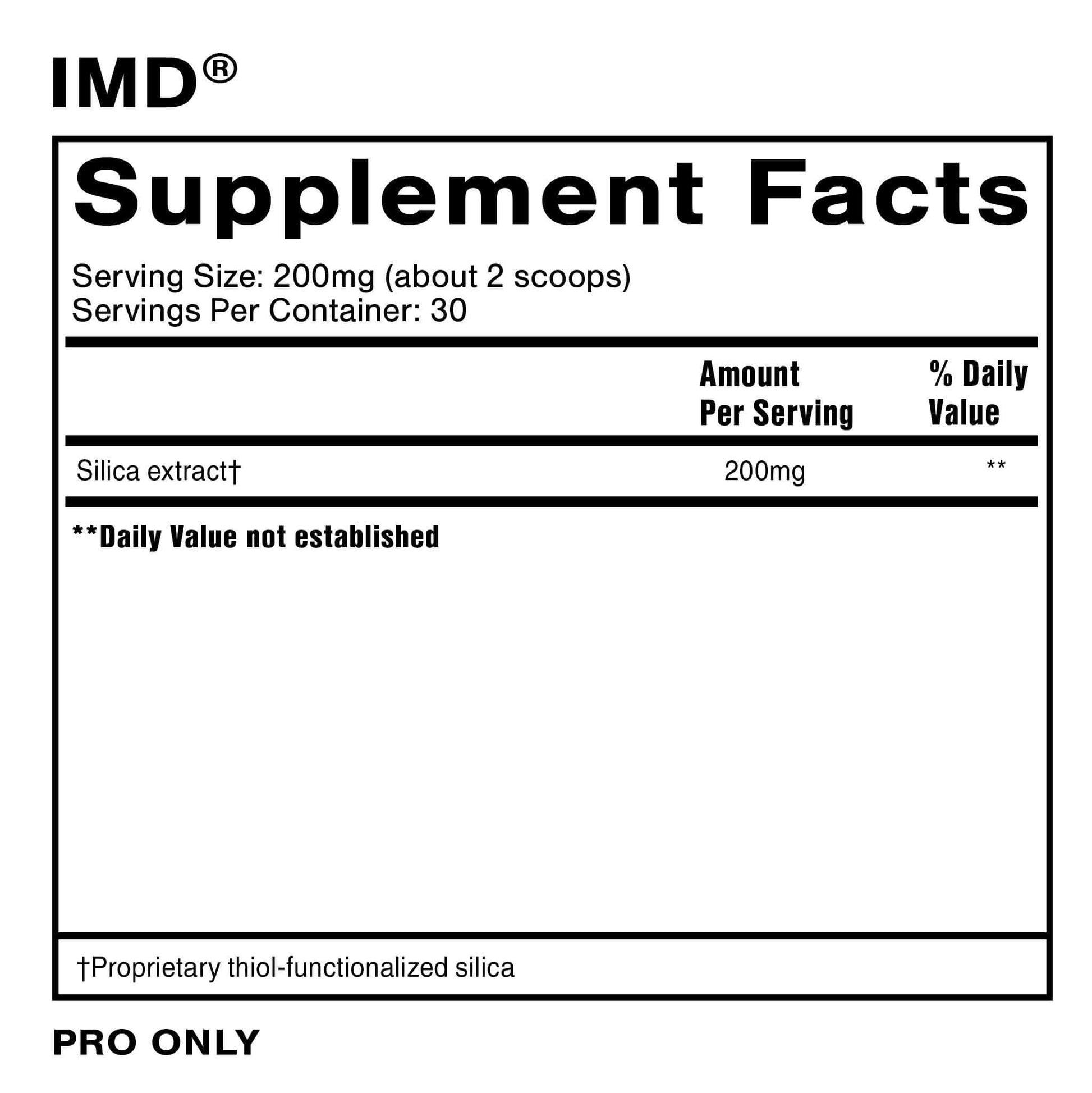 IMD Intestinal Cleanse Supplement Facts showing 200mg serving size for Safe Metal Detox Support.