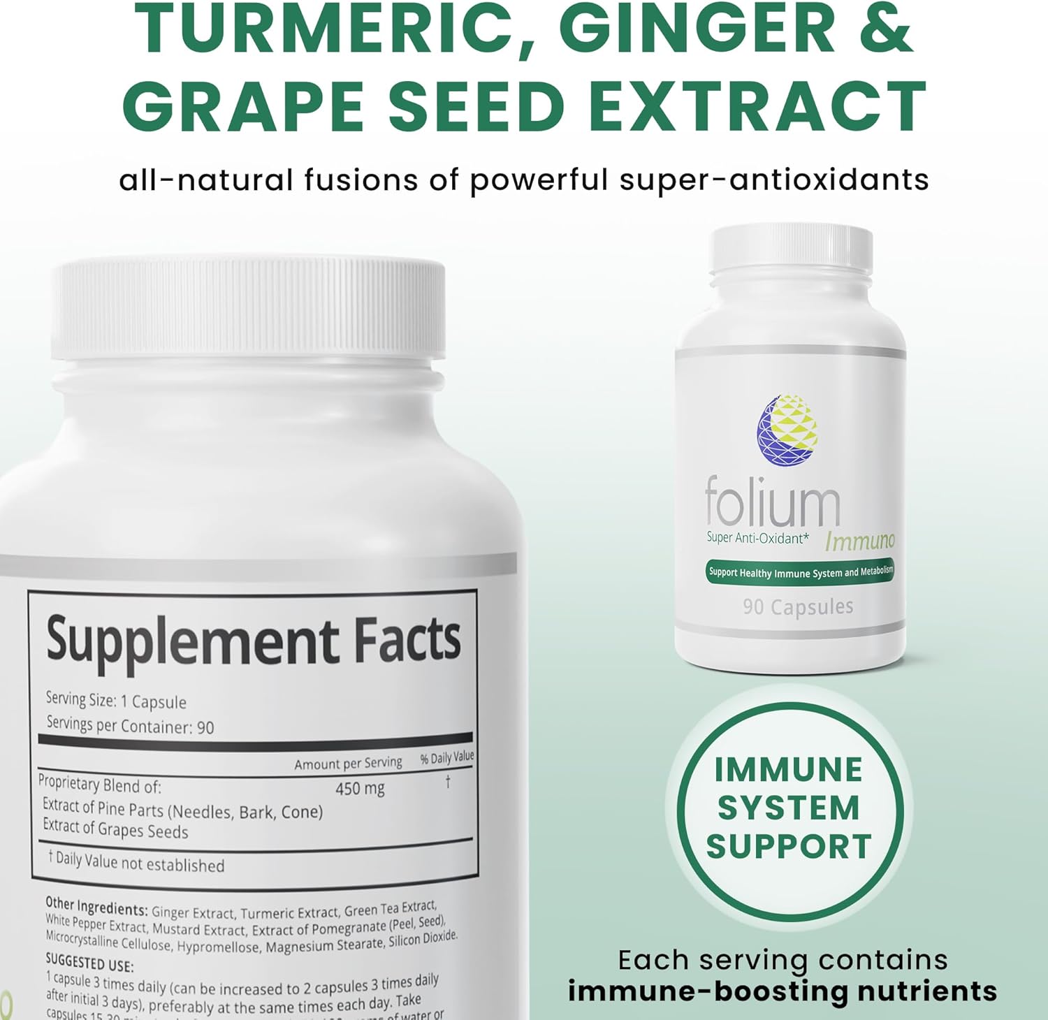 Supplement bottle with 'Folium' branding and text about turmeric, ginger, and grape seed extract.