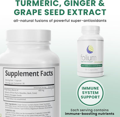 Supplement bottle with 'Folium' branding and text about turmeric, ginger, and grape seed extract.