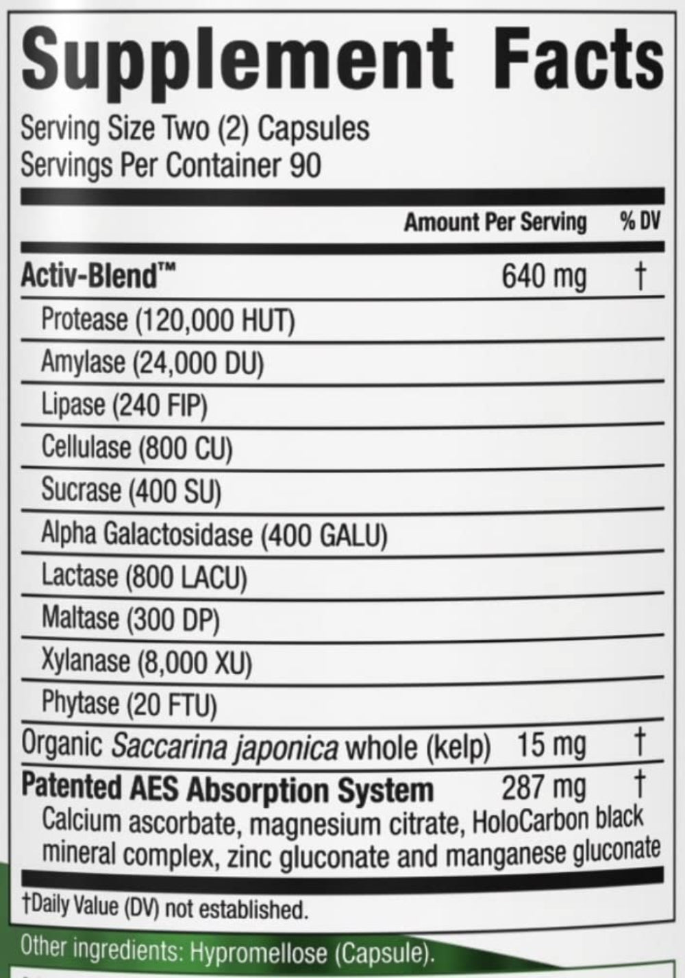 Supplement facts label for Activ-Blend with various enzymes and organic components.