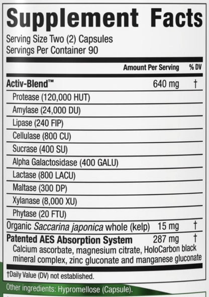 Supplement facts label for Activ-Blend with various enzymes and organic components.