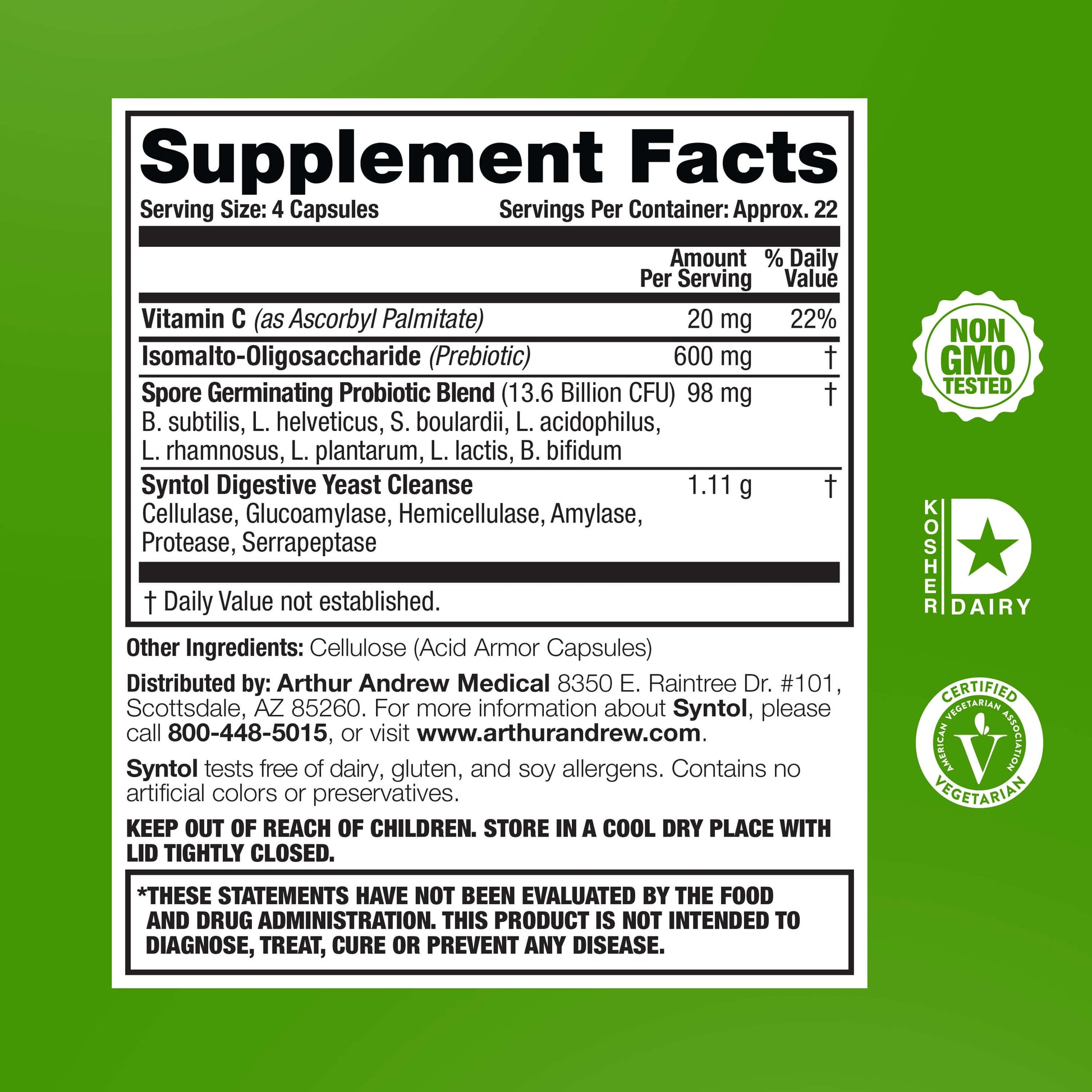 Supplement Facts for Syntol, an Advanced Probiotic Prebiotic and Enzyme Blend, detailing serving size and ingredients.