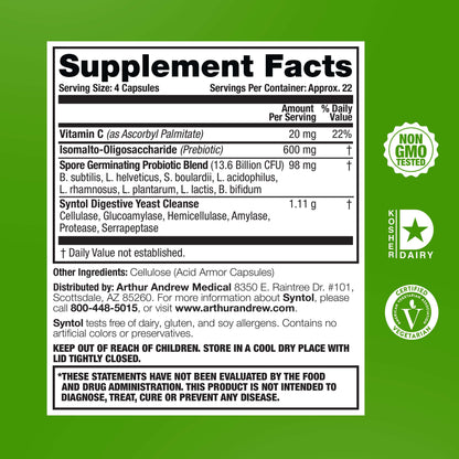 Supplement Facts for Syntol, an Advanced Probiotic Prebiotic and Enzyme Blend, detailing serving size and ingredients.