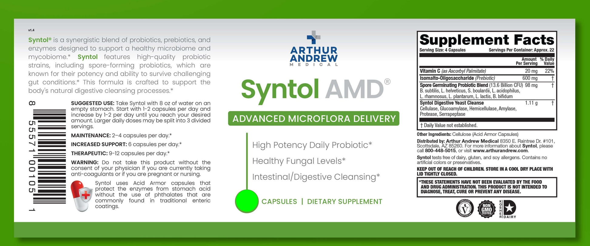 Syntol AMD Advanced Microflora Delivery supplement facts label for Advanced Probiotic Prebiotic and Enzyme Blend.