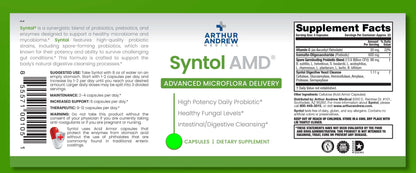 Syntol AMD Advanced Microflora Delivery supplement facts label for Advanced Probiotic Prebiotic and Enzyme Blend.