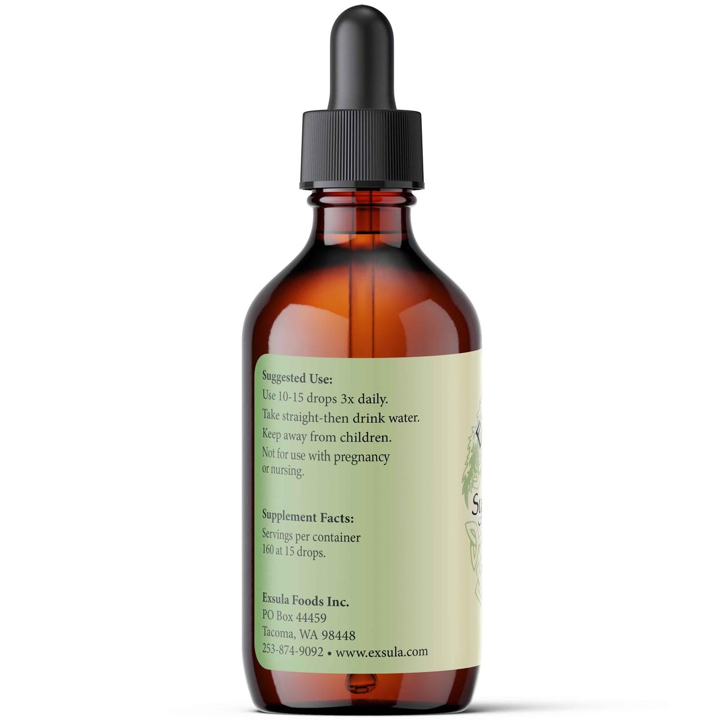 Brown glass dropper bottle with a label on a white background