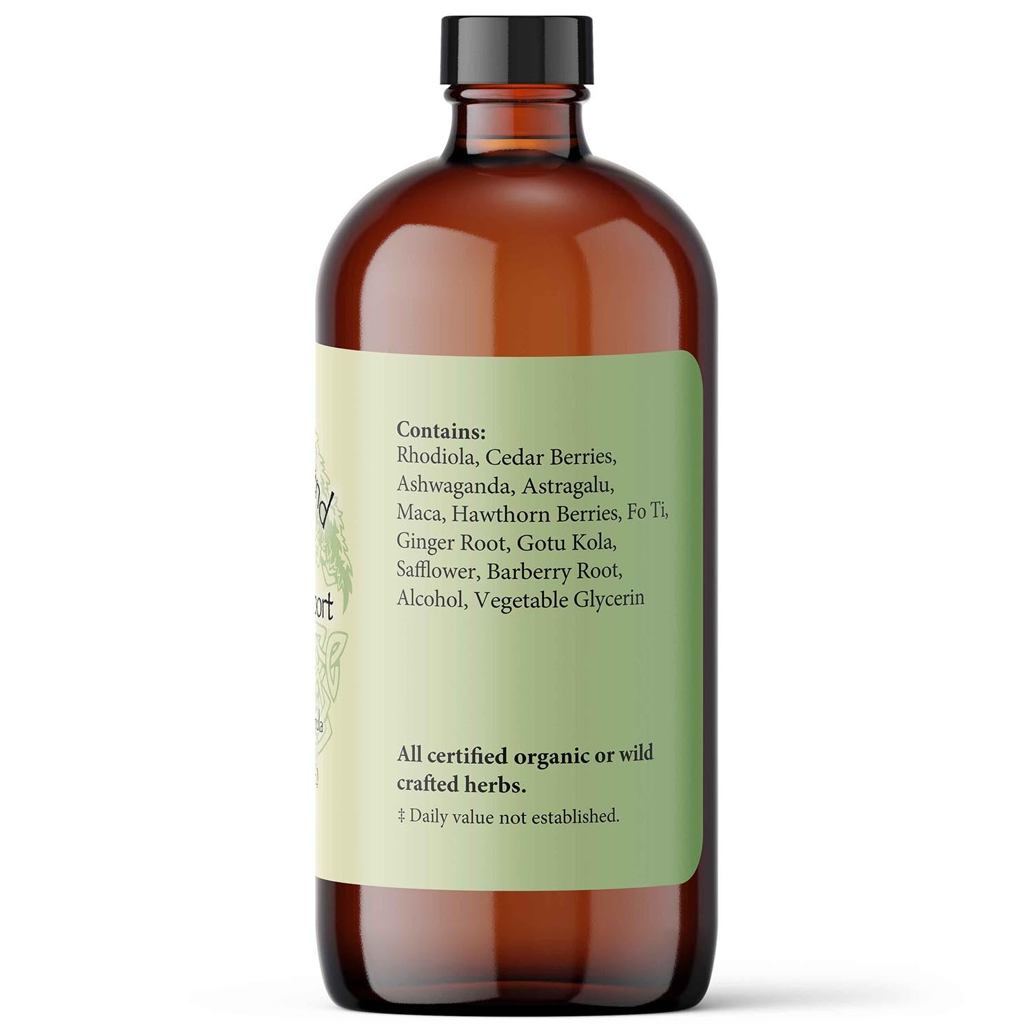 Brown glass bottle with a green label on a white background