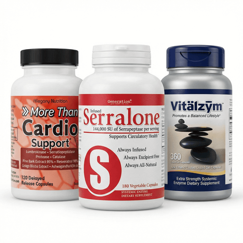 Bundle of Proteolytic Enzymes including Cardio Support, Serralone, and Vitalzym for enhanced health.