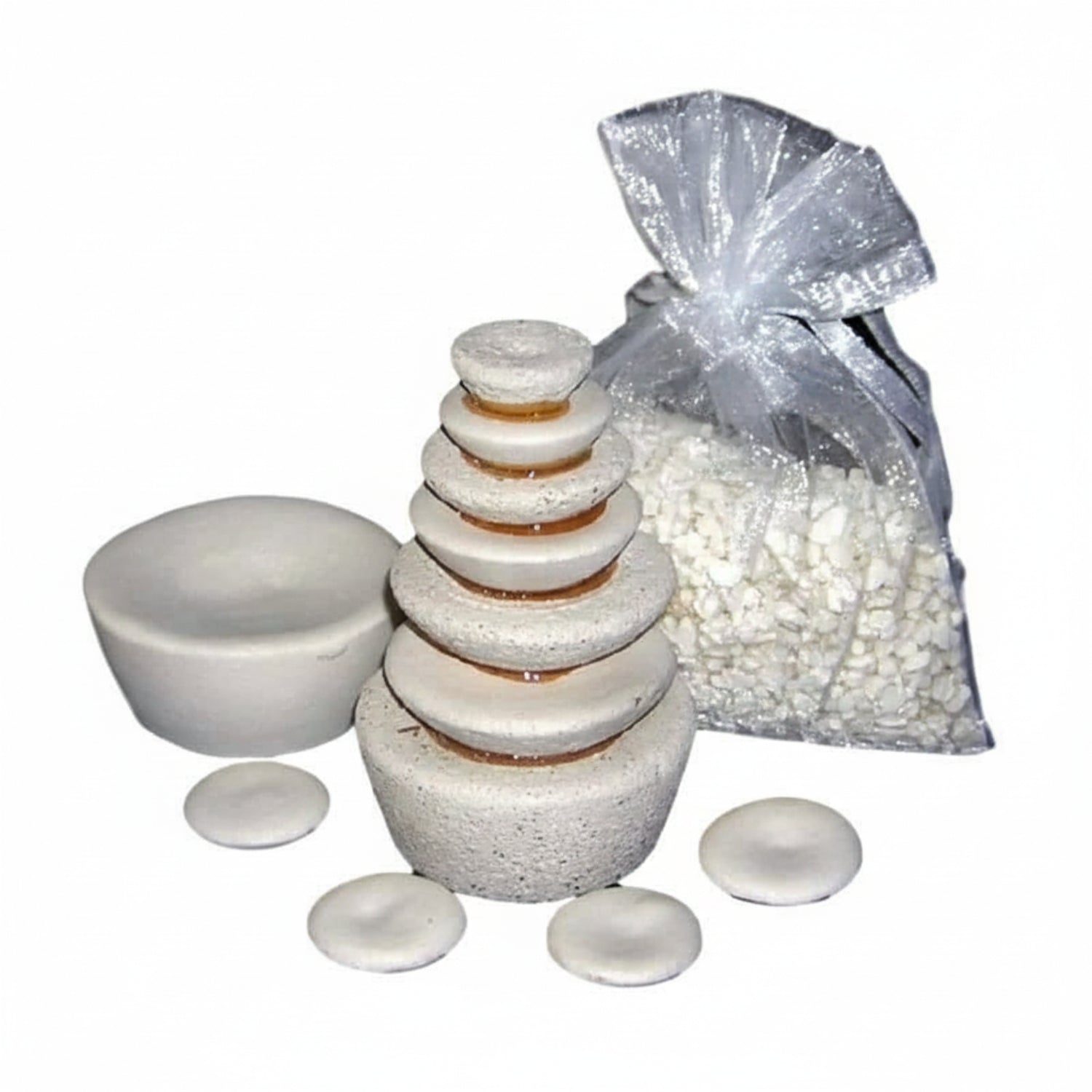 ivory colored ADR products on white background 1. Crystal Cupcake (Smooth) 2. four small Crystal Pearls 3. Prills Beads (2oz) 5. Star Chamber Receiver