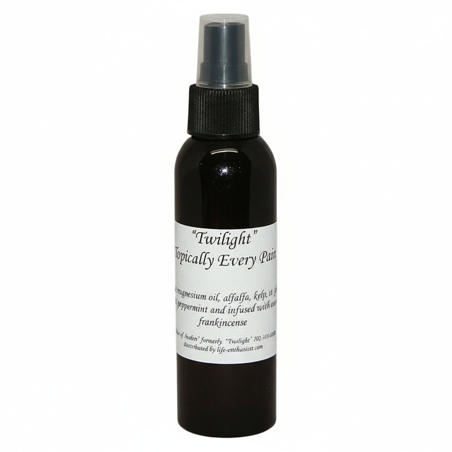 Black spray bottle of Topically Every Pain with a white label on a white background