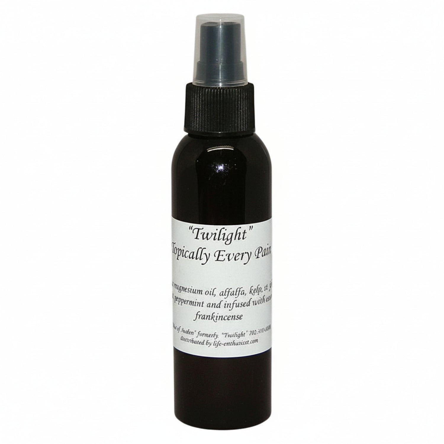Black spray bottle of Topically Every Pain with a white label on a white background