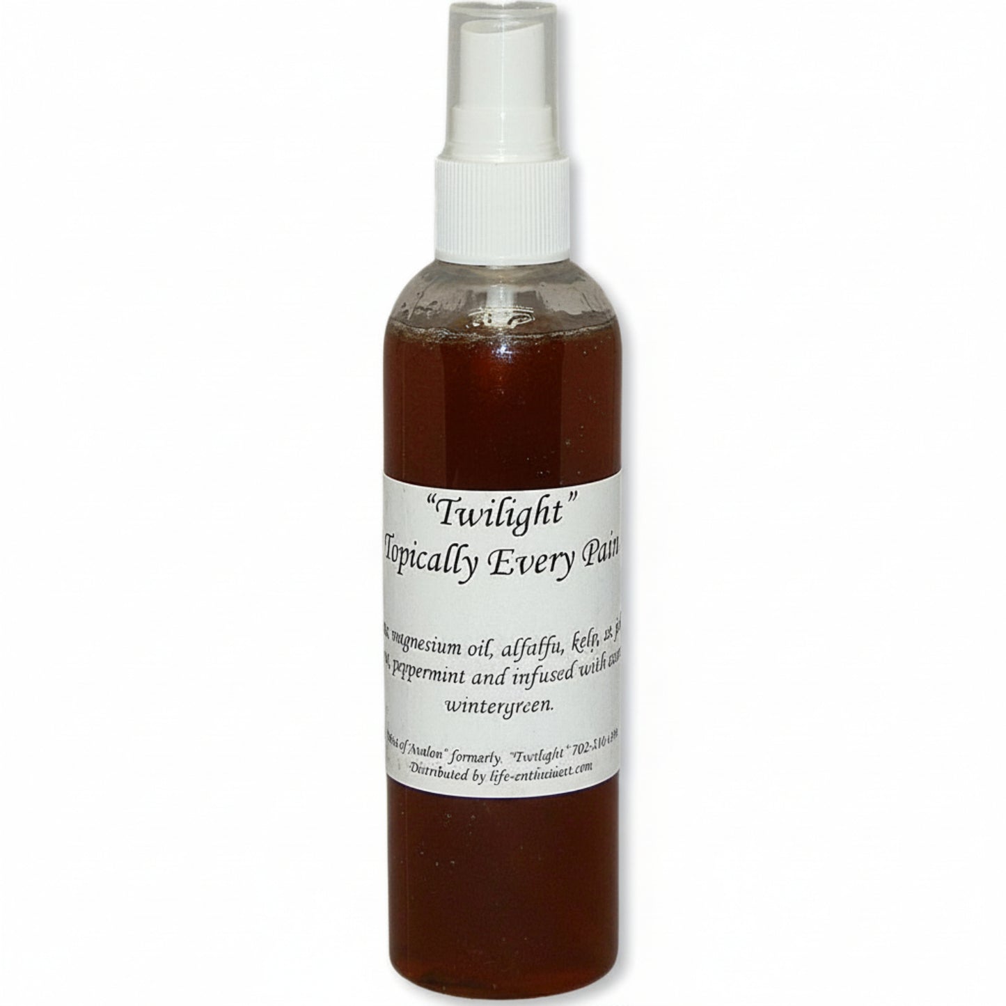Bottle of 'Twilight Topically Everything spray with a white label on a white background