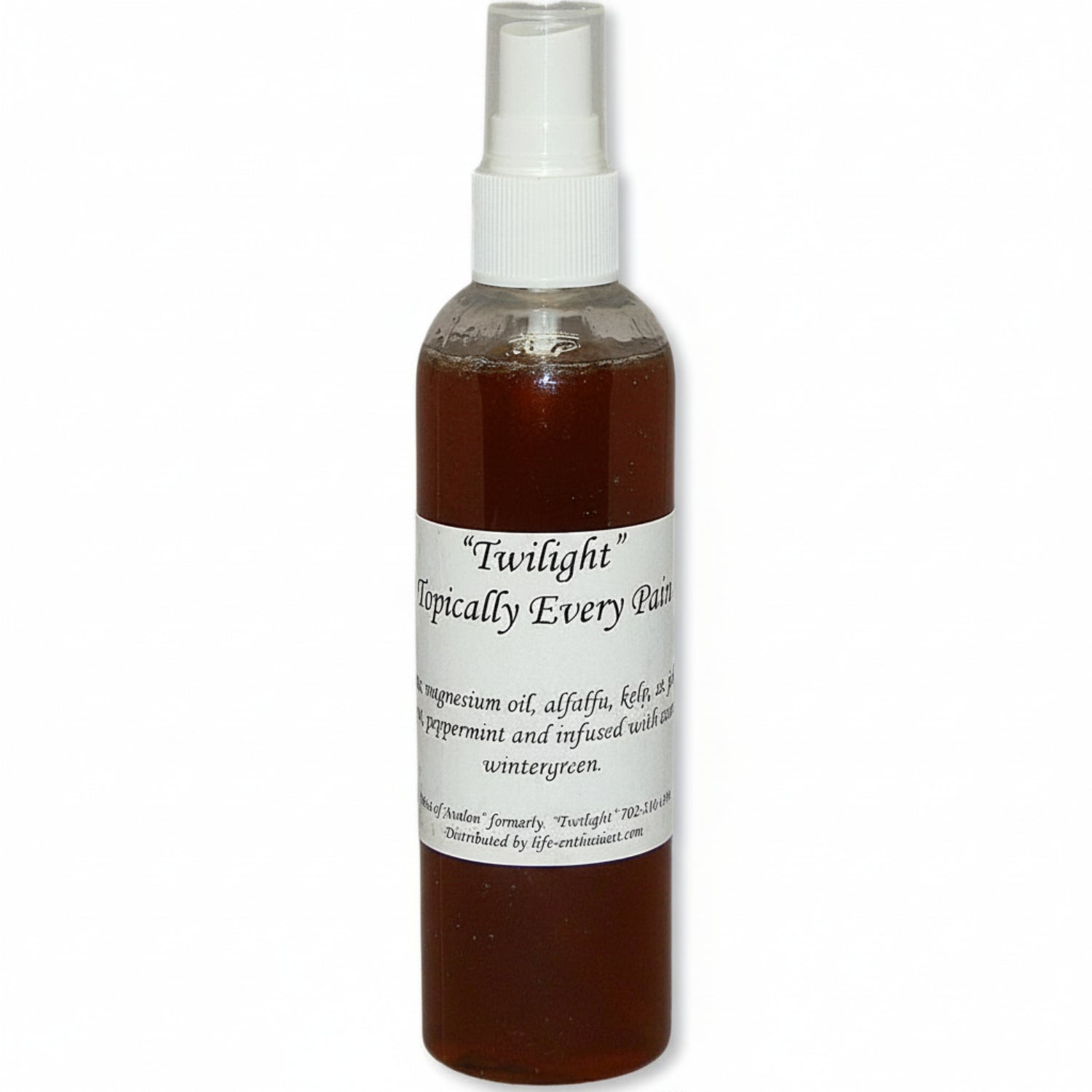 Bottle of 'Twilight Topically Everything spray with a white label on a white background