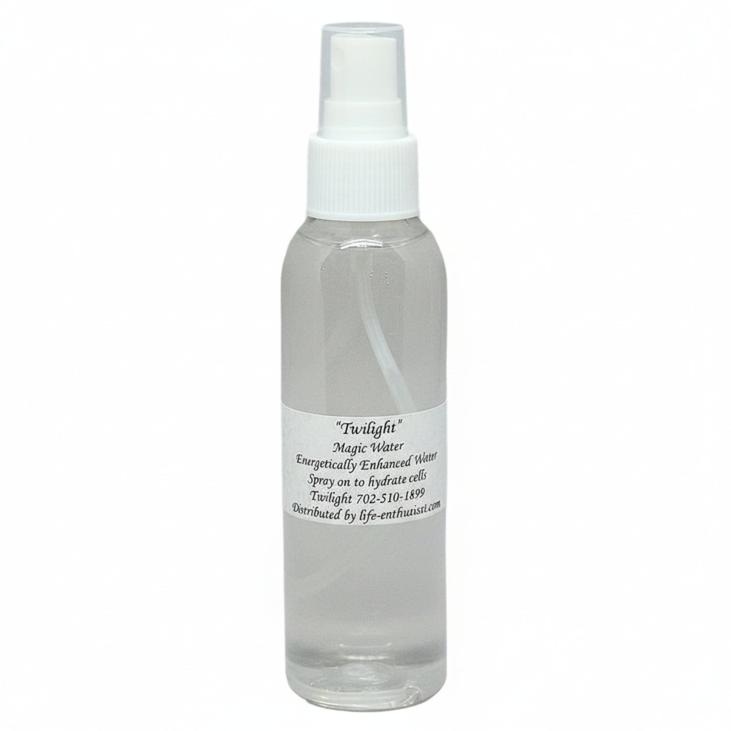 Clear spray bottle of Twilight Magic Water with a white label on a white background
