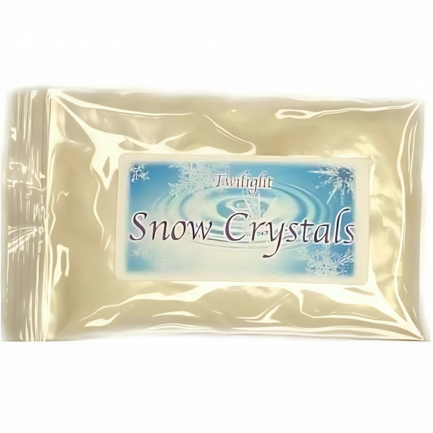 Packaged product labeled 'Snow Crystals' with a water droplet design on a white background