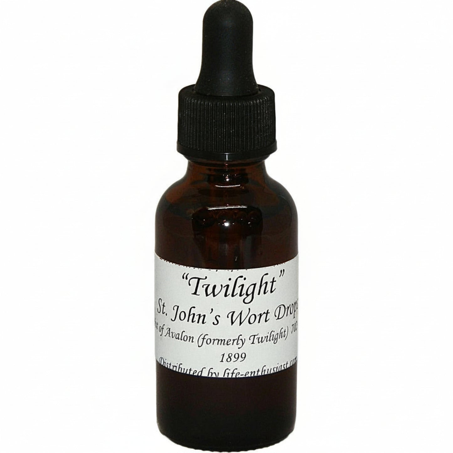 Brown glass bottle with dropper labeled 'Twilight St. John's Wort Drops' on a white background
