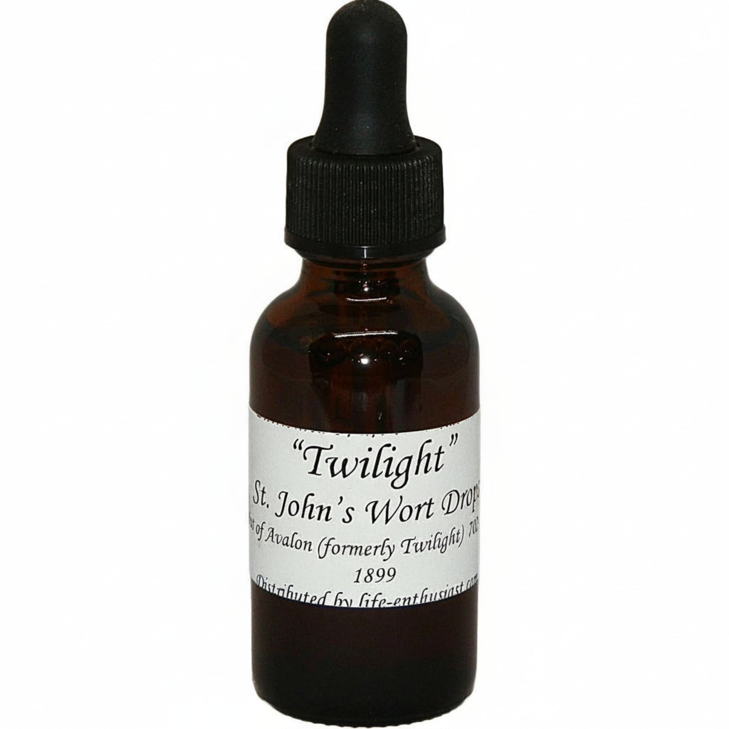 Brown glass bottle with dropper labeled 'Twilight St. John's Wort Drops' on a white background
