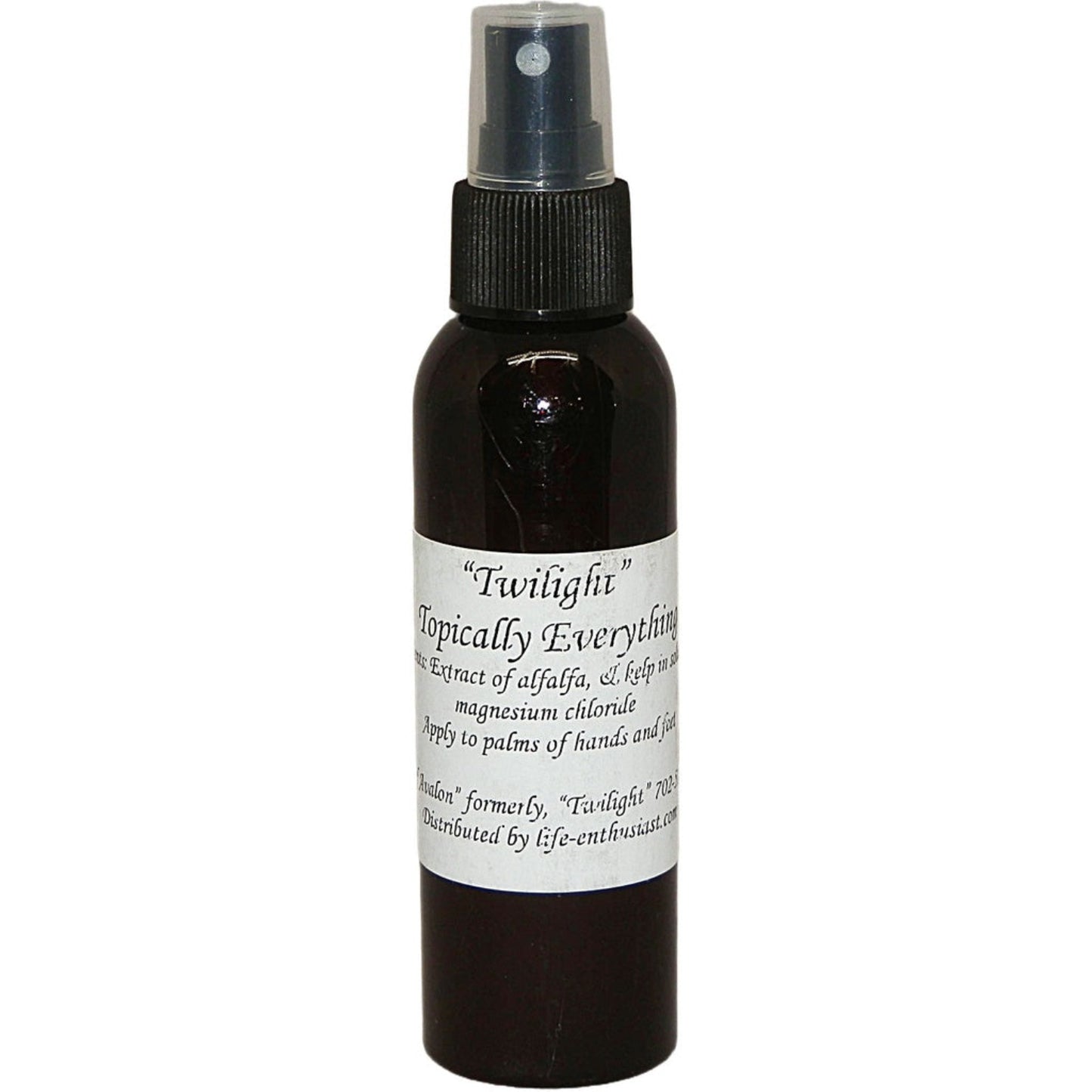 Black spray bottle of Twilight Topically Everything with a label on a white background