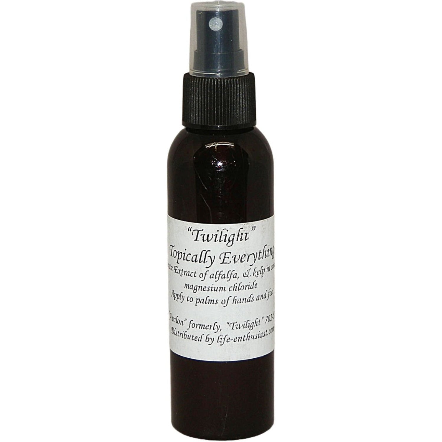 Black spray bottle of Twilight Topically Everything with a label on a white background