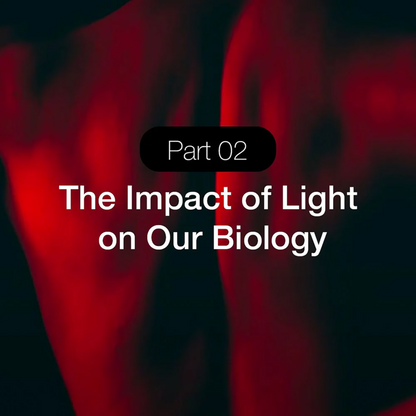 Text 'Part 02 The Impact of Light on Our Biology' on a blurred red and black background