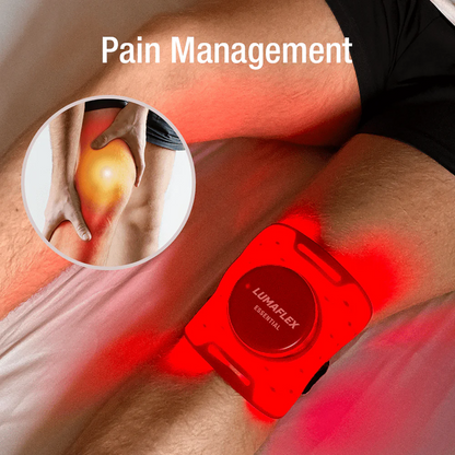 Person using a Lumaflex device on their knee with 'Pain Management' text above.