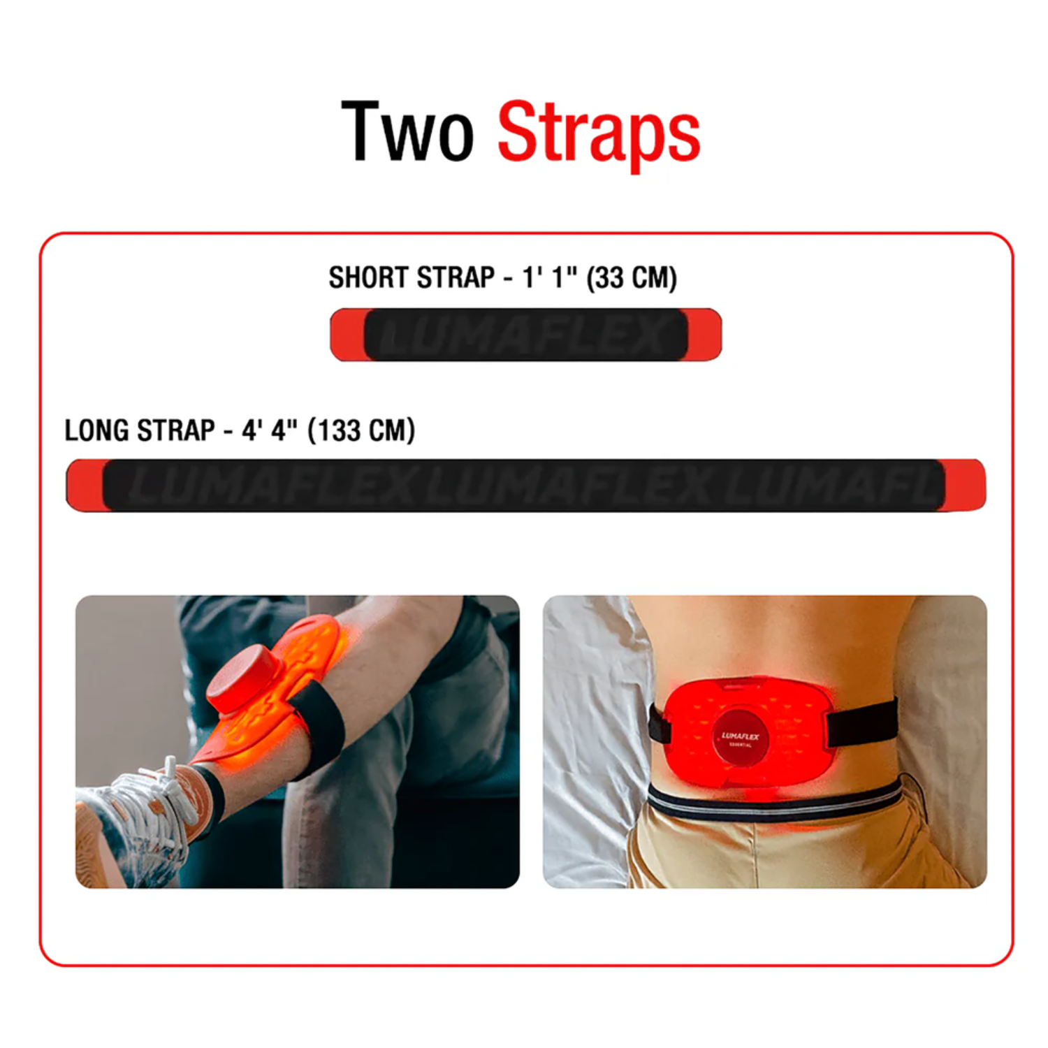 Two straps with measurements and examples of use on a white background