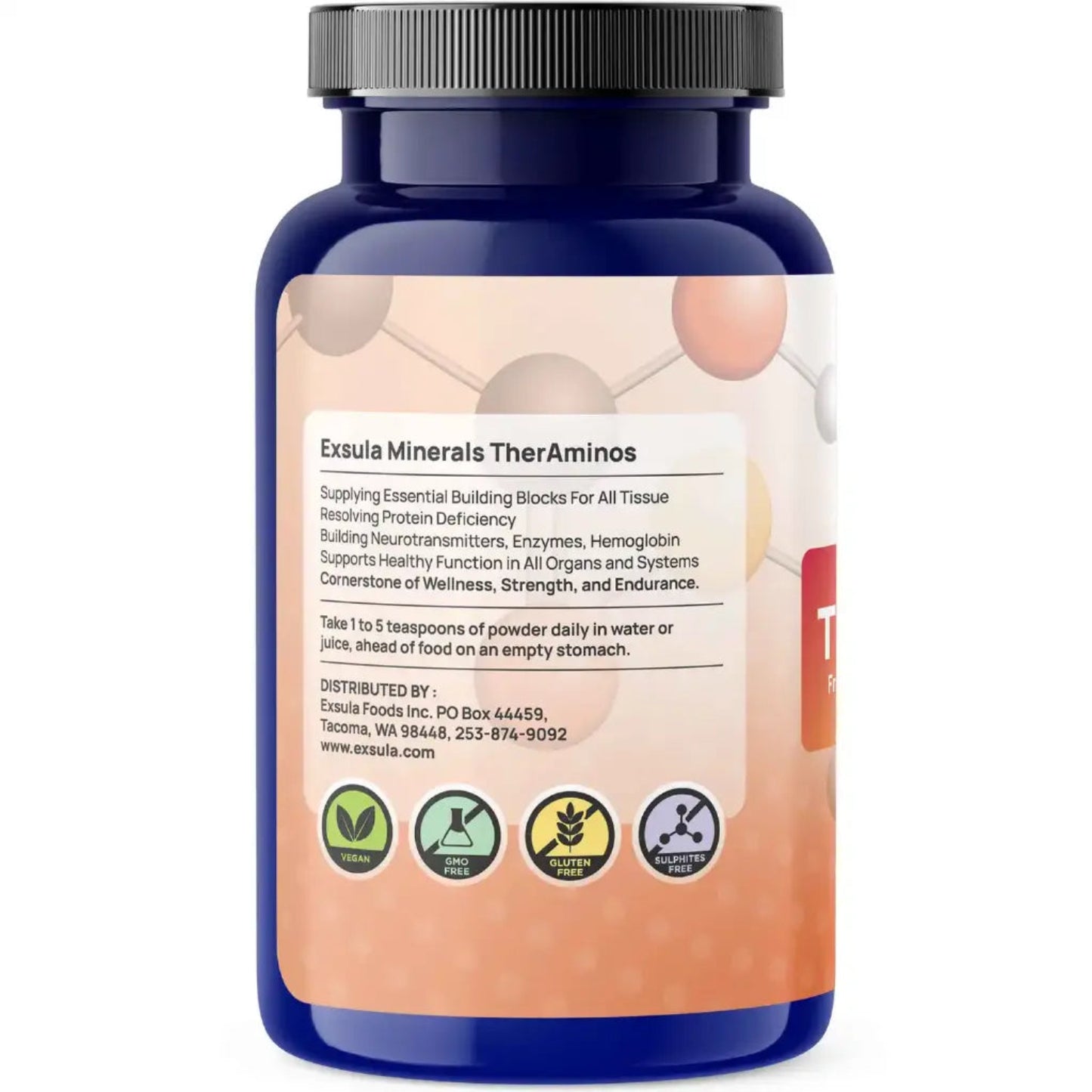 Supplement bottle labeled 'Exsula Minerals TherAminos' on a white background