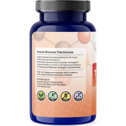 Supplement bottle labeled 'Exsula Minerals TherAminos' on a white background
