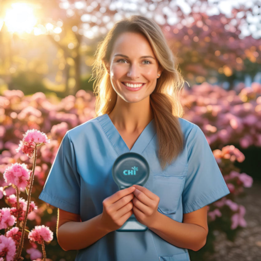 Woman in a blue uniform holding Chi Palm Infratonic Electrotherapy device in a garden of blooming flowers.
