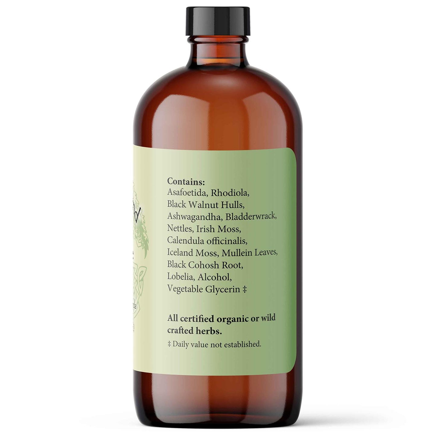 Brown glass bottle with a green label on a white background