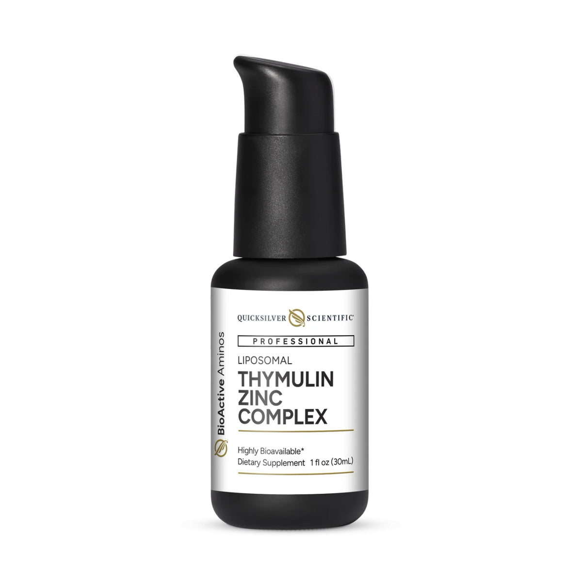 Quicksilver Scientific Thymulin Zinc Complex bottle, a supplement for thymus gland support and immune resilience.