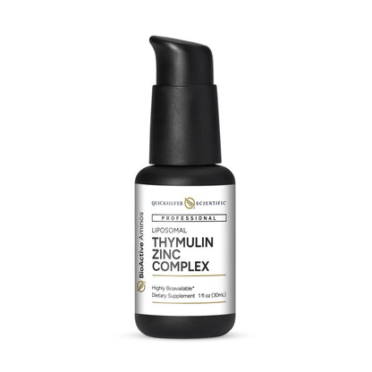 Quicksilver Scientific Thymulin Zinc Complex bottle, a supplement for thymus gland support and immune resilience.