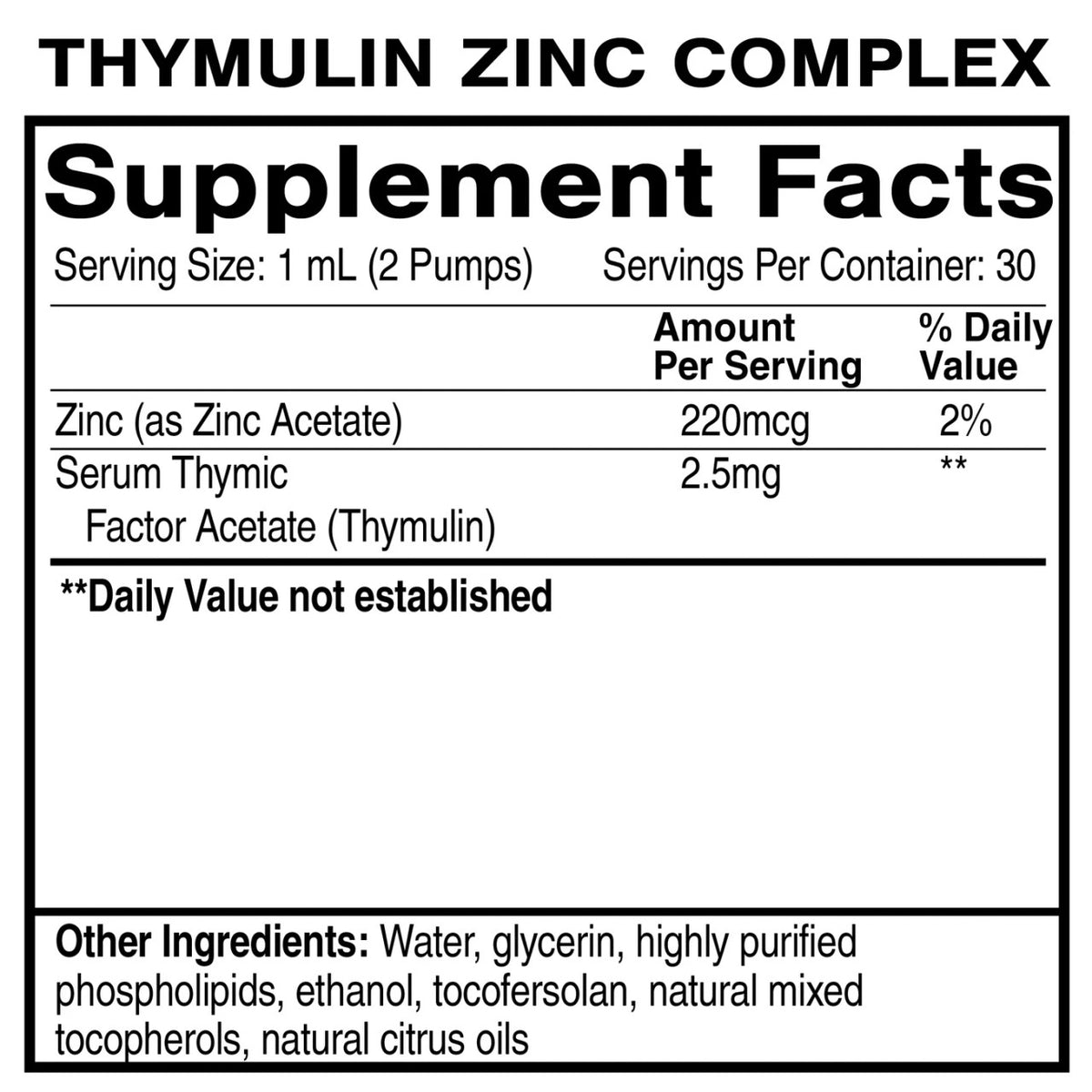 Thymulin Zinc Complex Supplement Facts detailing ingredients and nutritional values for Thymus Gland Support.