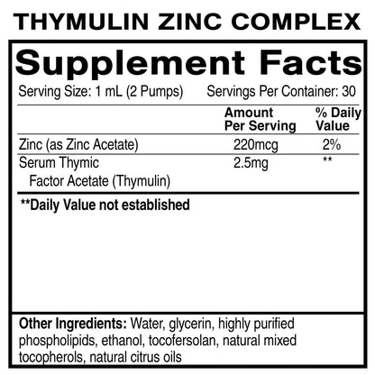 Thymulin Zinc Complex Supplement Facts detailing ingredients and nutritional values for Thymus Gland Support.