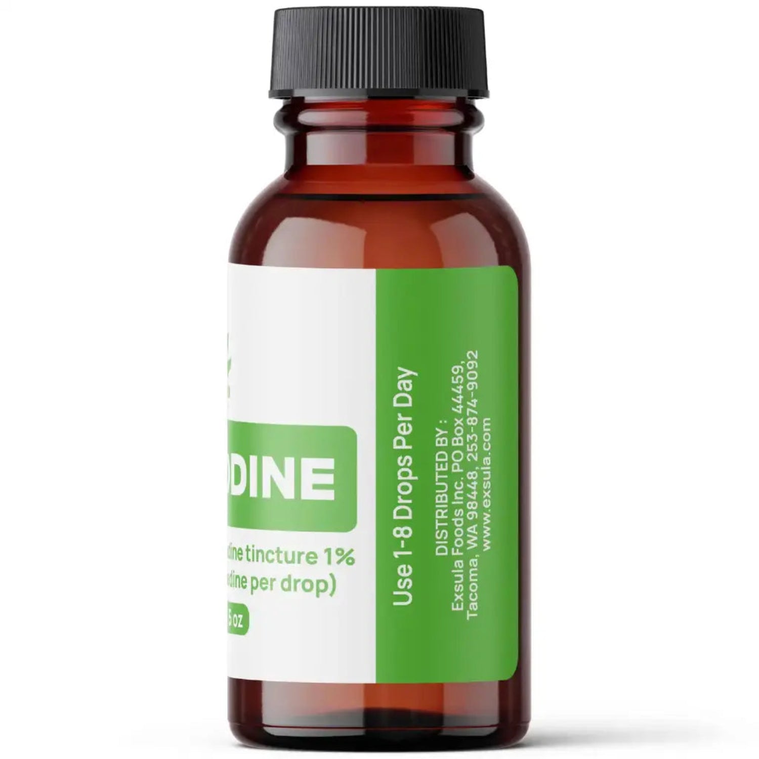 Bottle of Thyrodine tincture with a green label on a white background