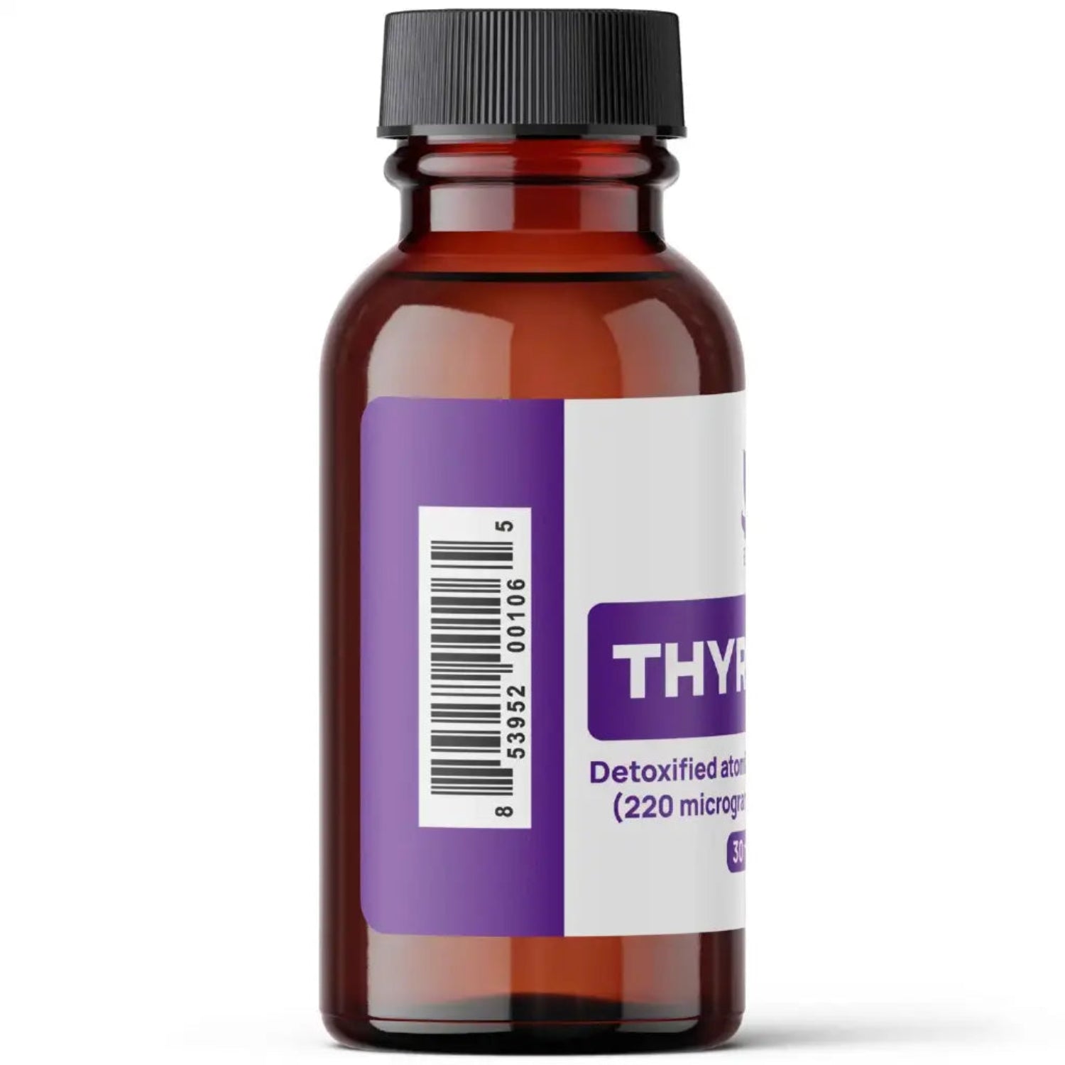 Brown glass bottle with a purple label on a white background