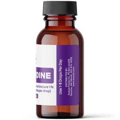 Bottle of Thyrodine tincture with a purple label on a white background