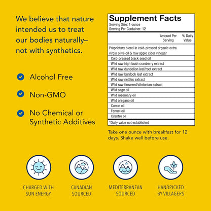 Supplement facts label with natural ingredients on a yellow background