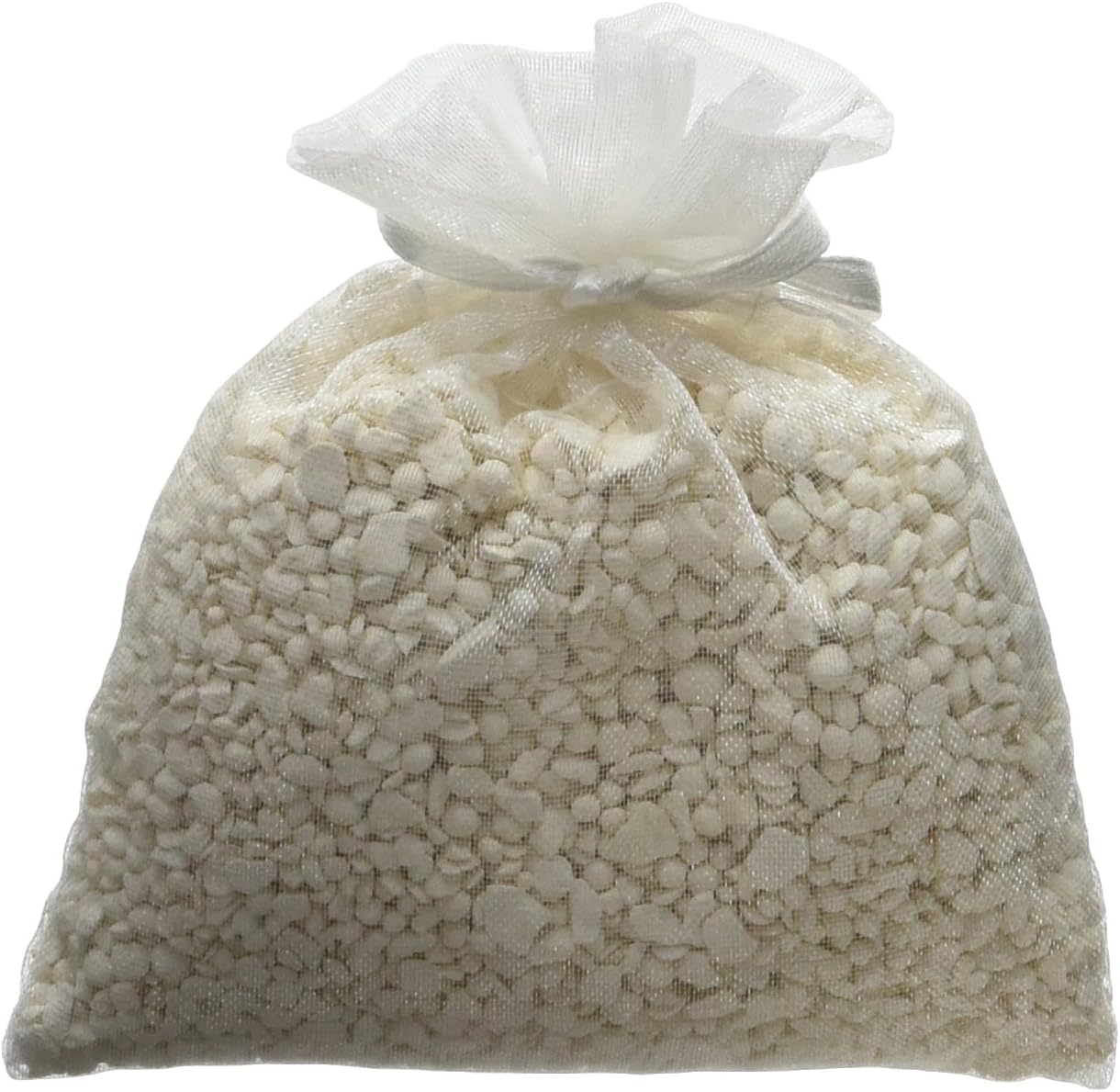 White mesh bag filled with small, round, white mineral prills, labeled as Precious Prills, 3 oz.