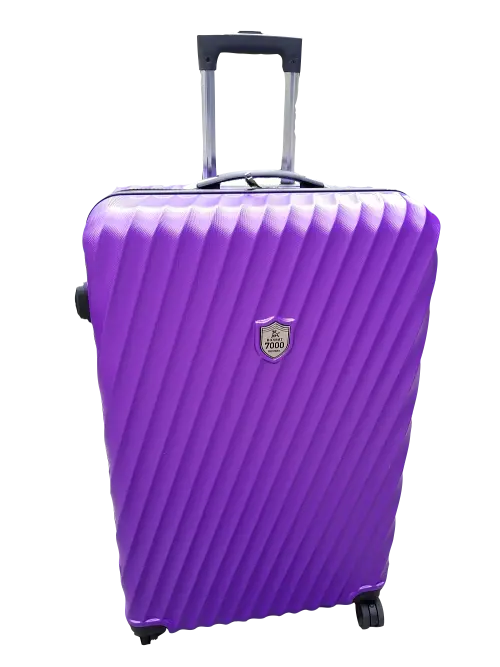 A purple hard-shell spinner suitcase with a textured diagonal ribbed pattern, featuring an extended telescopic handle and a shield-shaped ZOOO logo on the front, isolated on a white background.