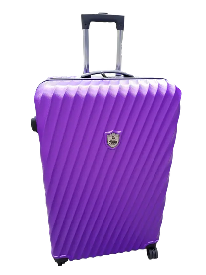 A purple hard-shell spinner suitcase with a textured diagonal ribbed pattern, featuring an extended telescopic handle and a shield-shaped ZOOO logo on the front, isolated on a white background.