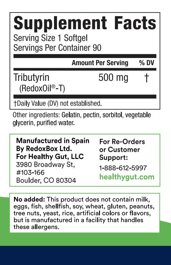 Tributyrin-X Supplement Facts label showing 500 mg per serving for postbiotic for digestive health.