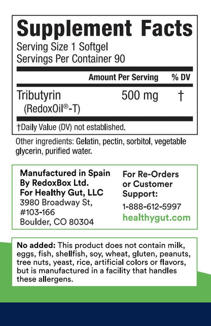 Tributyrin-X Supplement Facts label showing 500 mg per serving for postbiotic for digestive health.
