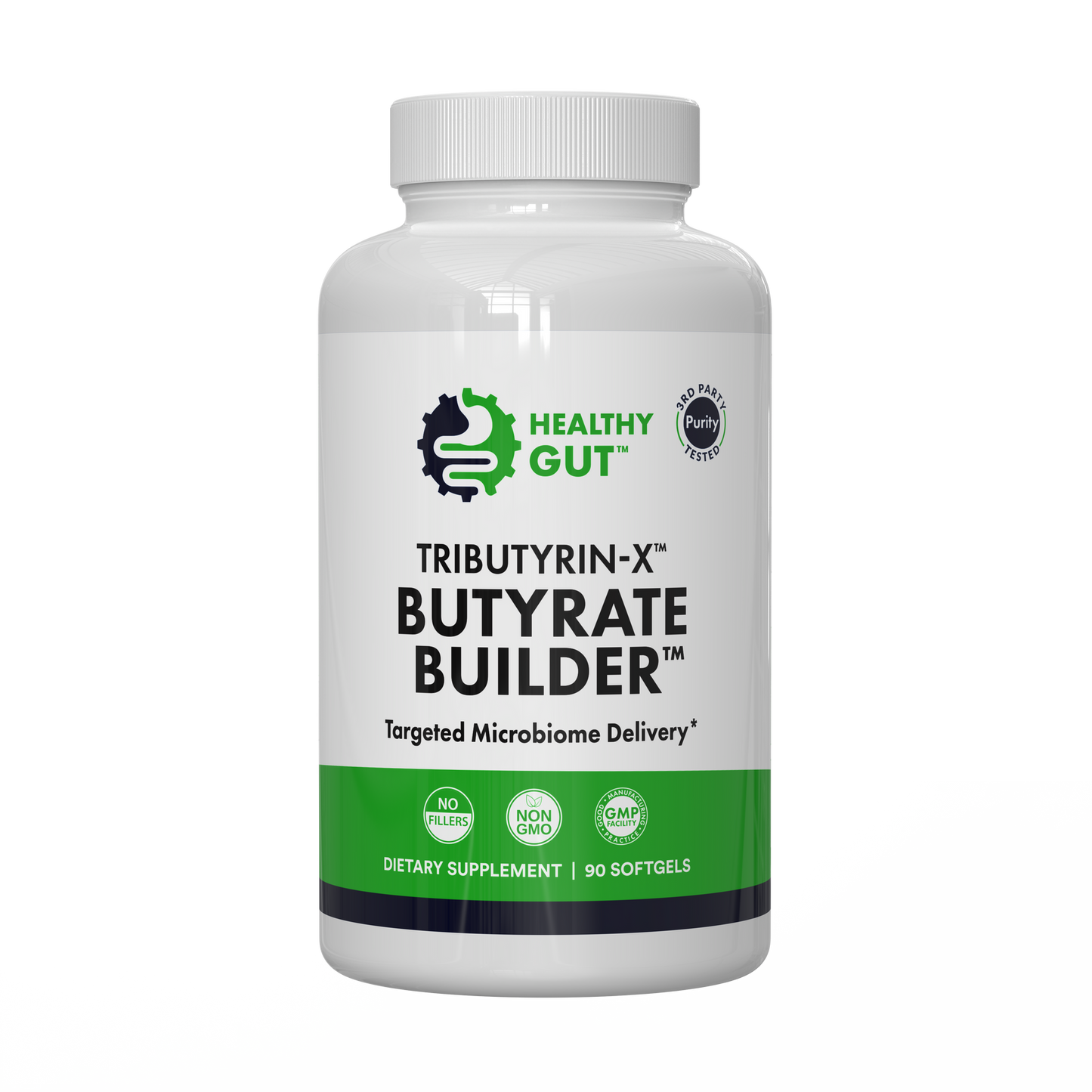 Tributyrin-X - Postbiotic for Digestive Health in dietary supplement bottle with 90 softgels.