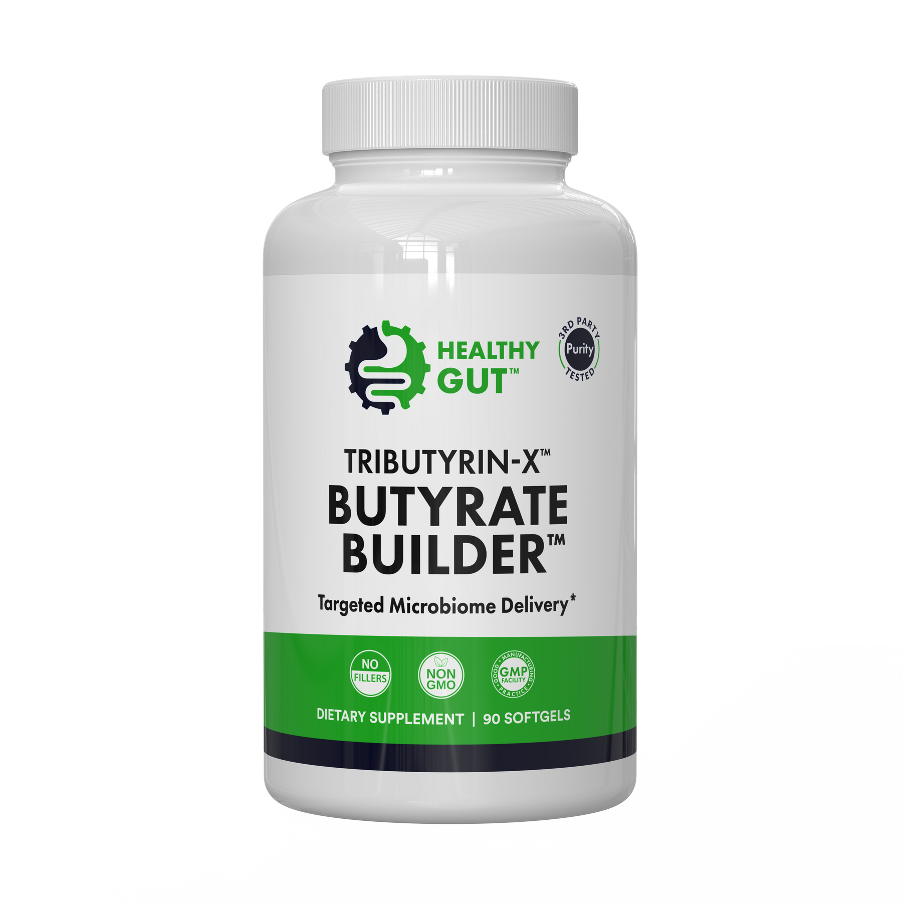 Tributyrin-X - Postbiotic for Digestive Health in dietary supplement bottle with 90 softgels.