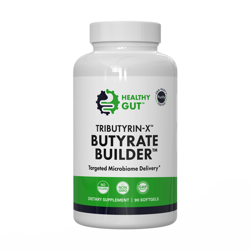 Tributyrin-X - Postbiotic for Digestive Health in dietary supplement bottle with 90 softgels.