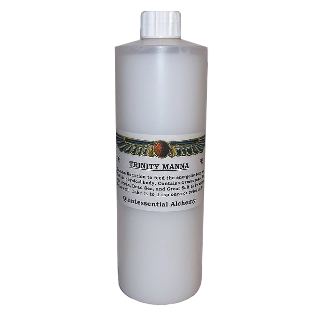 Bottle of Trinity Manna with a label on a white background